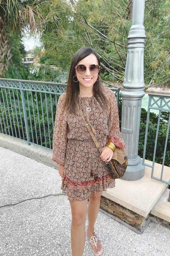 long sleeve boho mini dress with gucci necklace at disney springs