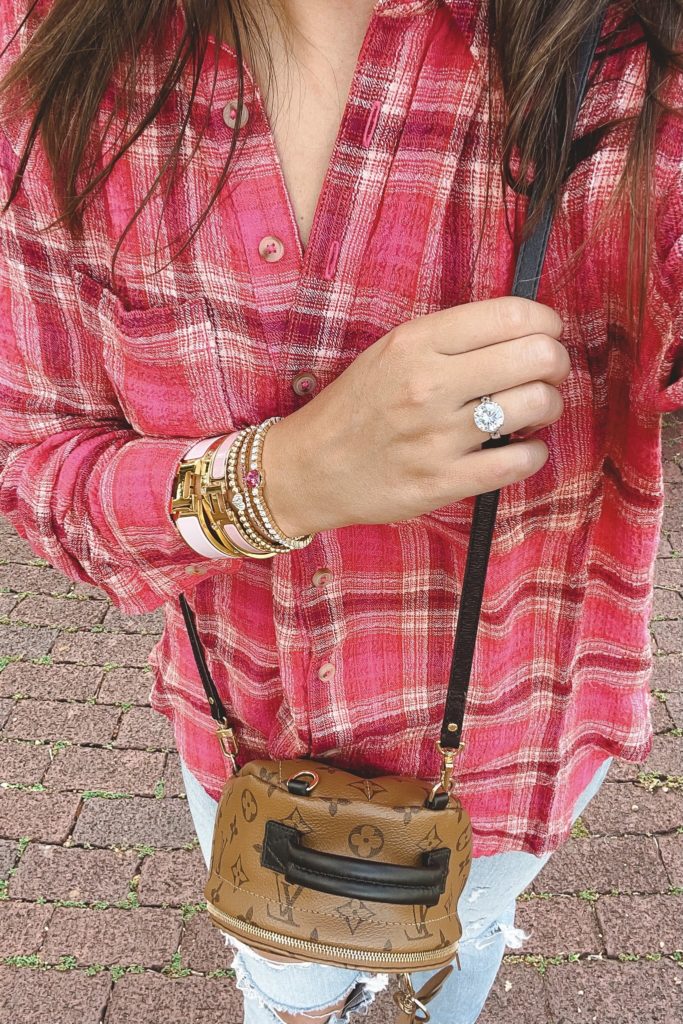inspiranza designs ring with baublebar bracelets and pink plaid top