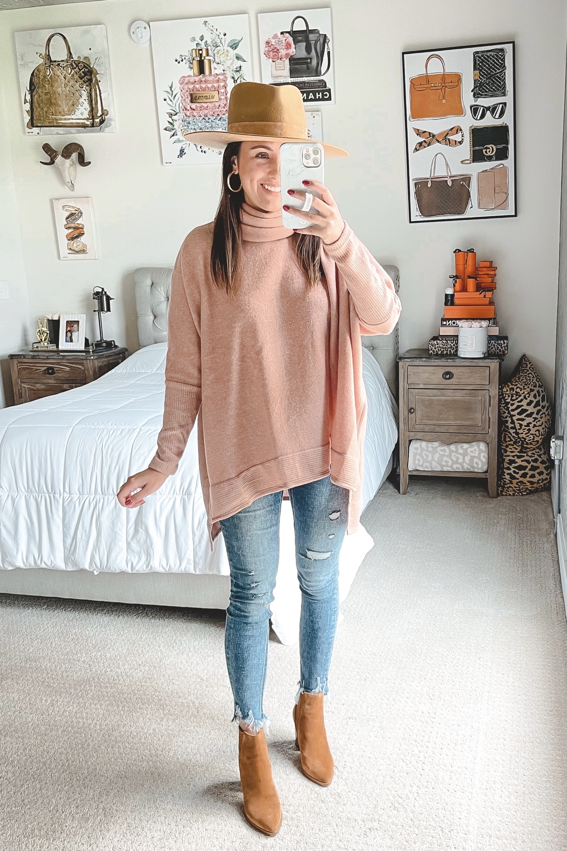 pink lily we can go the distance sweater with jeans and booties