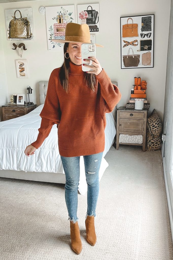 amazon rust ribbed sweater with flying monkey jeans and marc fisher booties