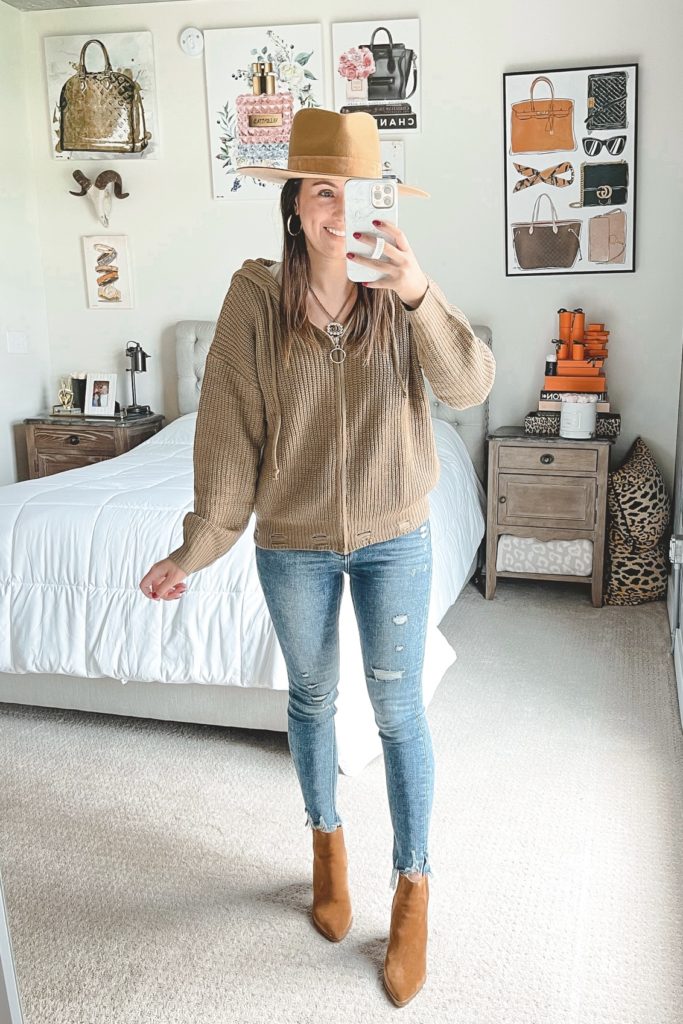 amazon zip up sweater with flying monkey jeans and booties