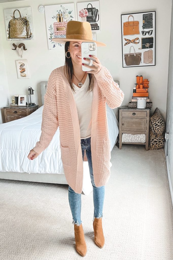 amazon pink cardigan with flying monkey jeans and booties