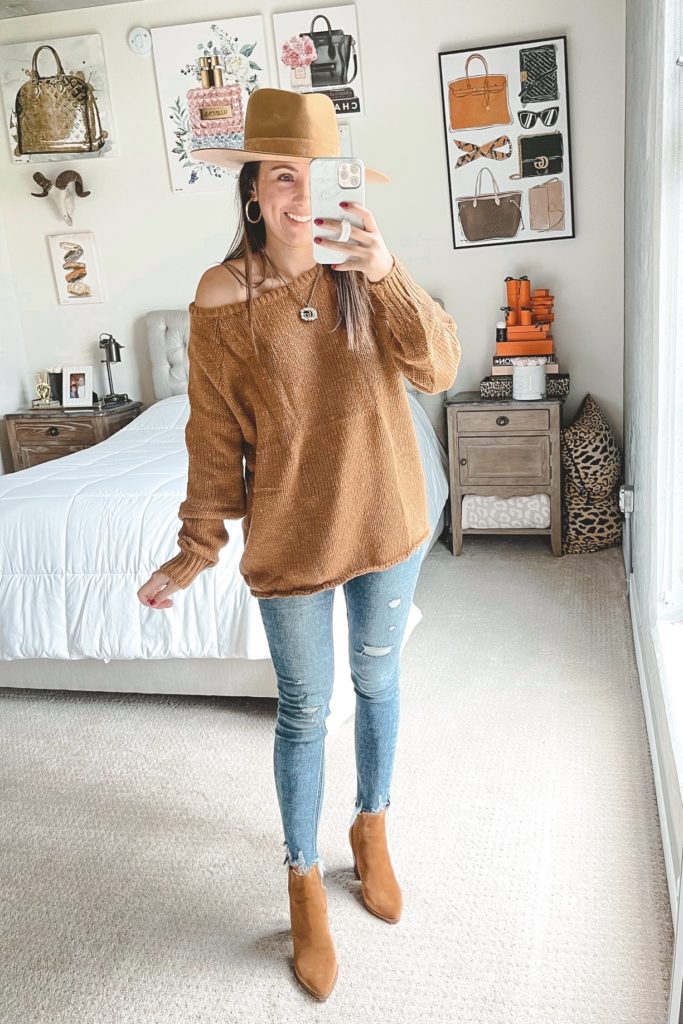 amazon brown off the shoulder sweater with flying monkey jeans and marc fisher booties