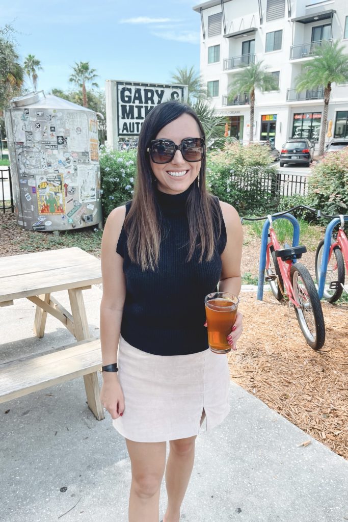 black sweater tank with suede mini skirt at dunedin brewery