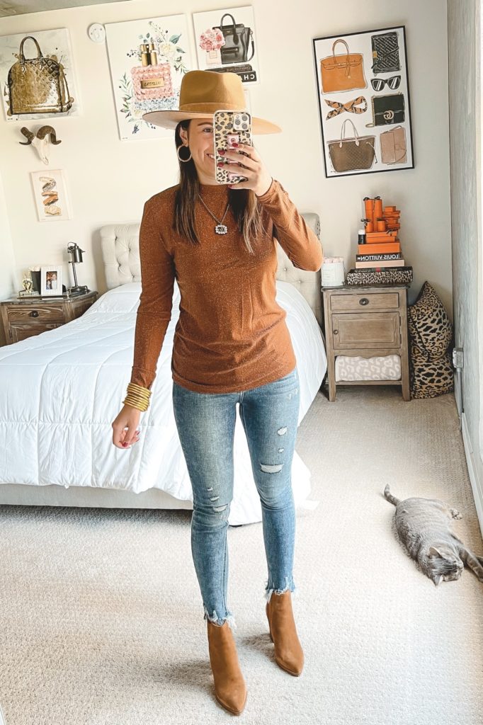 amazon shimmer brown top with jeans and marc fishr alva booties