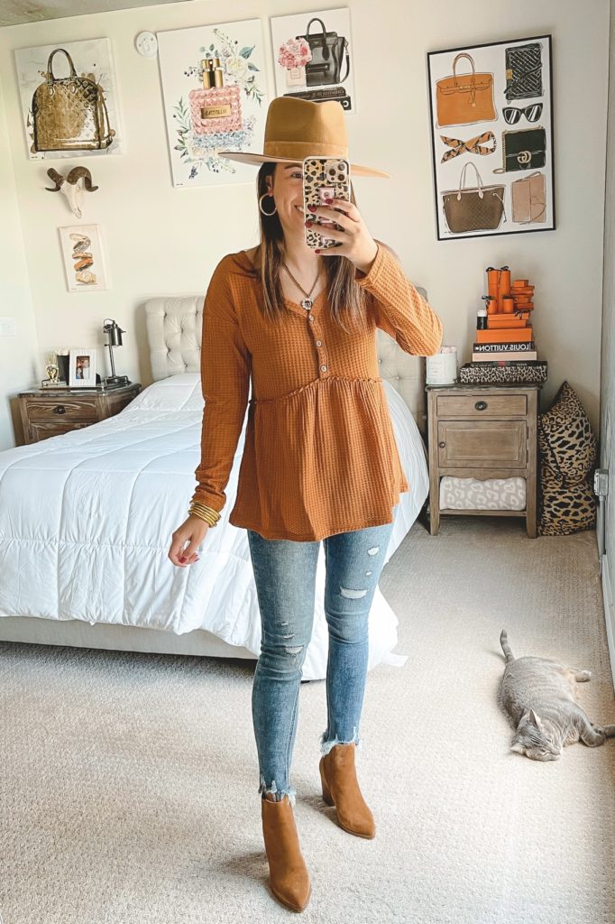 amazon brown waffle knit peplum top with jeans and marc fishr alva booties