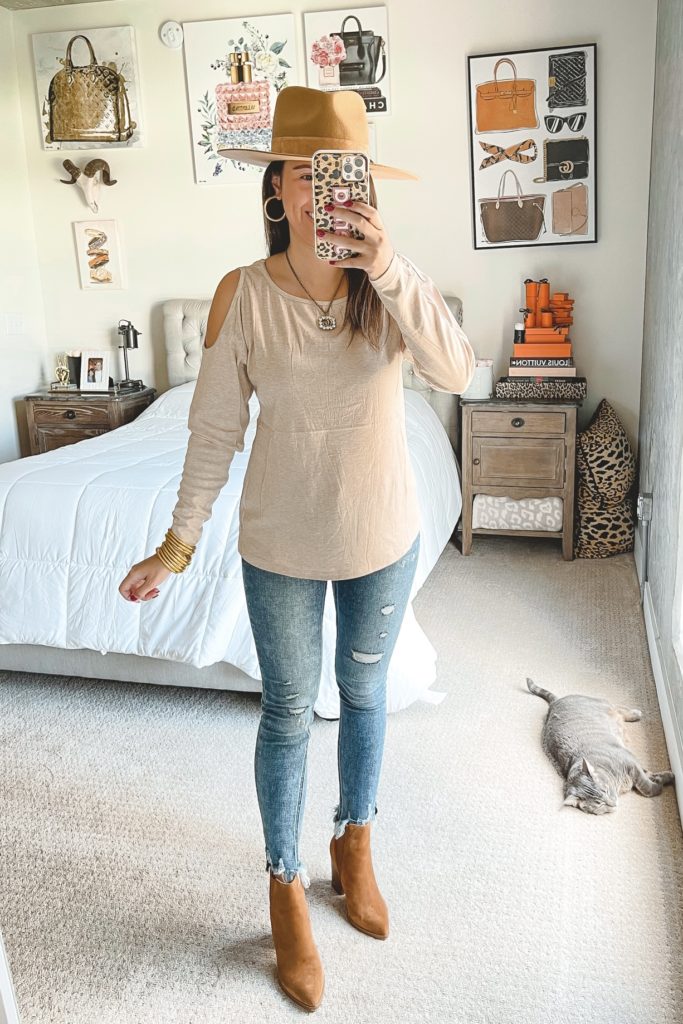 amazon khaki cold shoulder top with jeans and marc fishr alva booties
