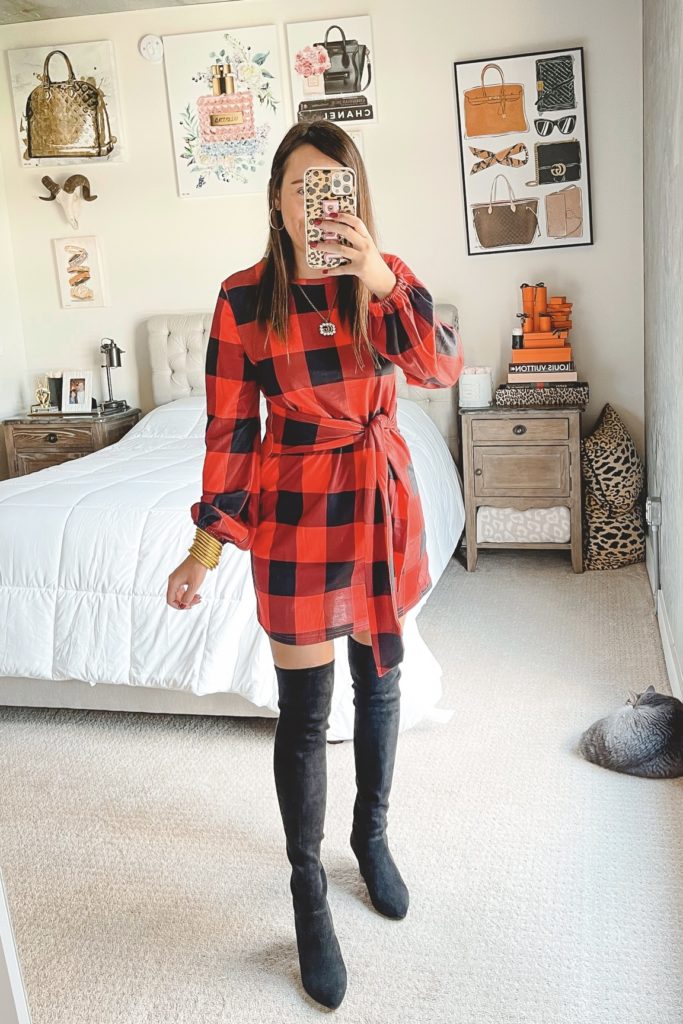 amazon buffalo plaid tie dress with black over the knee boots