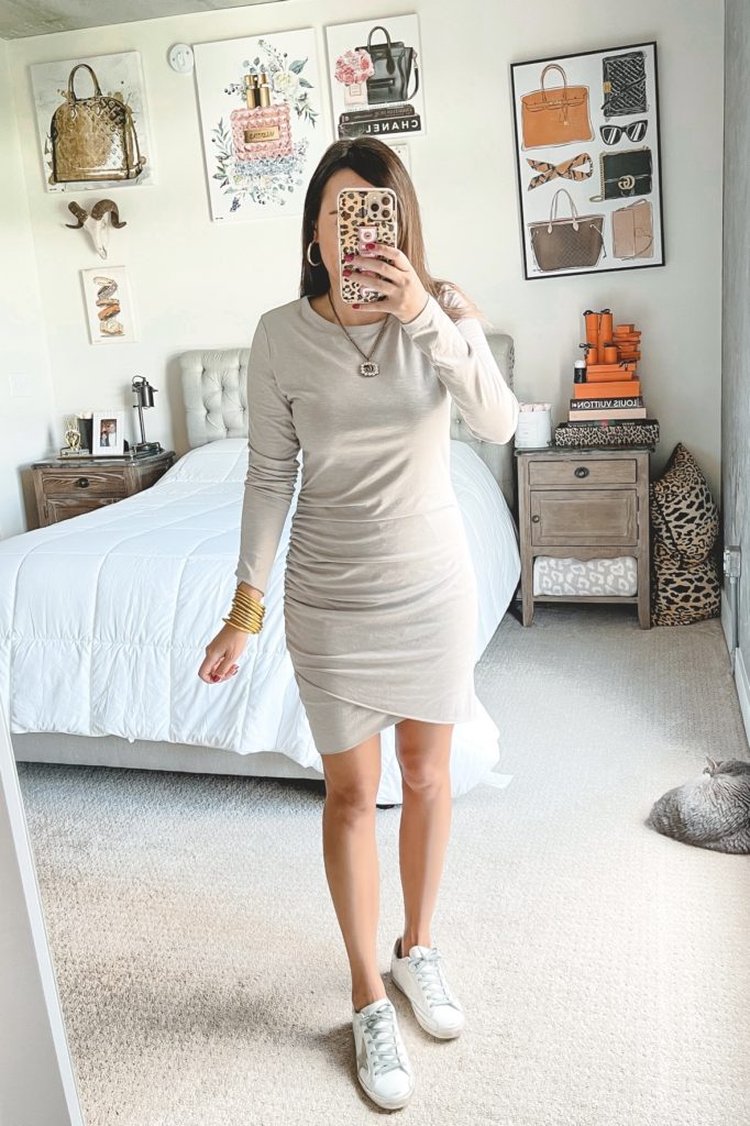 amazon grey bodycon dress with golden goose sneakers and budhagirl bangles