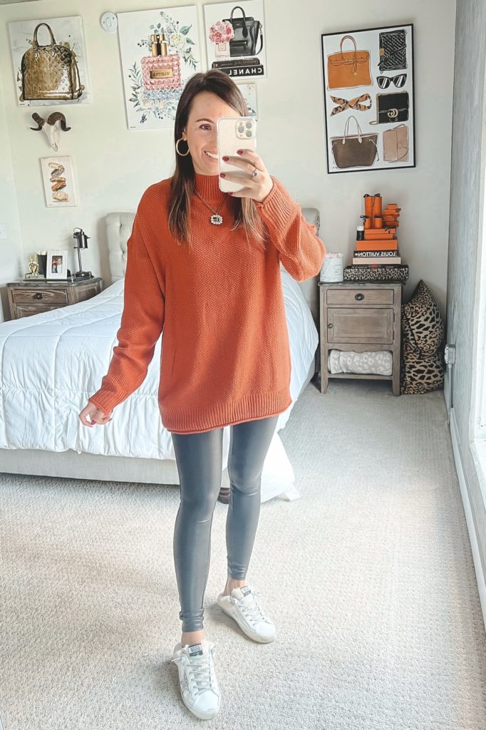 amazon orange tunic sweater with spanx leggings and golden goose mules