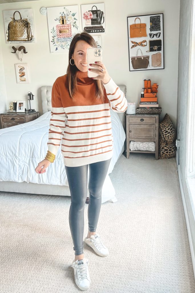 amazon rust stripe turtleneck sweater with spanx leggings and golden goose mules