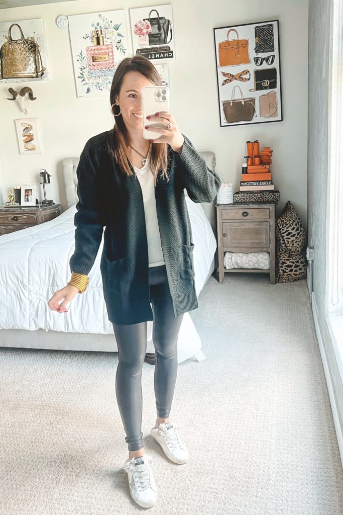 amazon black cardigan sweater with spanx leggings and golden goose mules