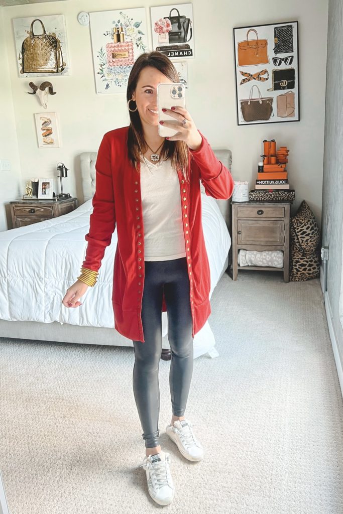 amazon red cardigan with spanx leggings and golden goose mules