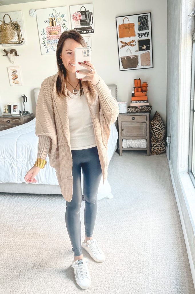 amazon brown cardigan sweater with spanx leggings and golden goose mules