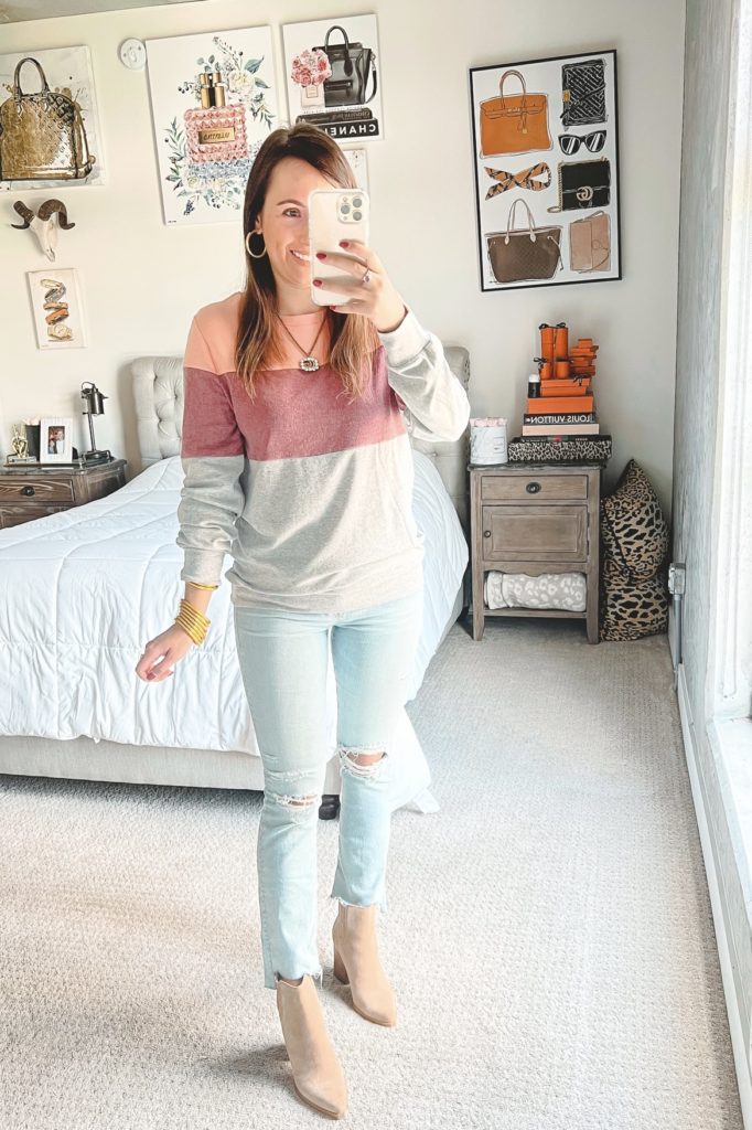 amazon stripe top with mother insider denim and booties