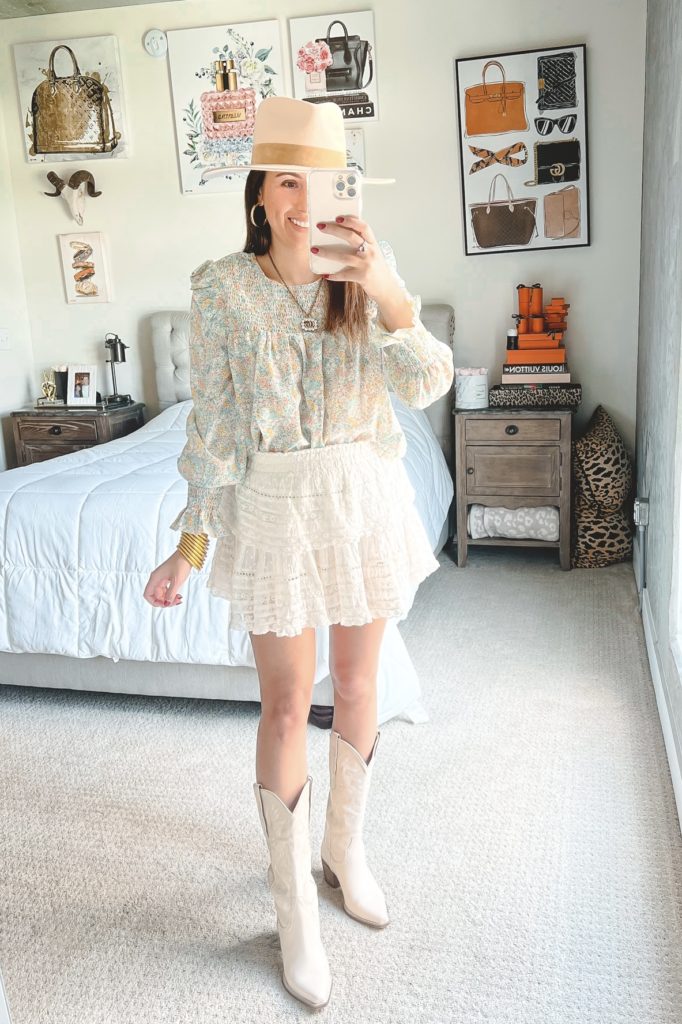 amazon boho blouse with loveshackfancy skirt and cowgirl boots
