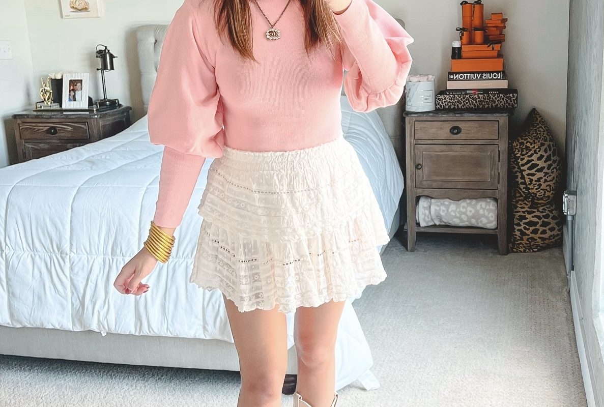 amazon pink sweater with loveshackfancy skirt and cowgirl boots