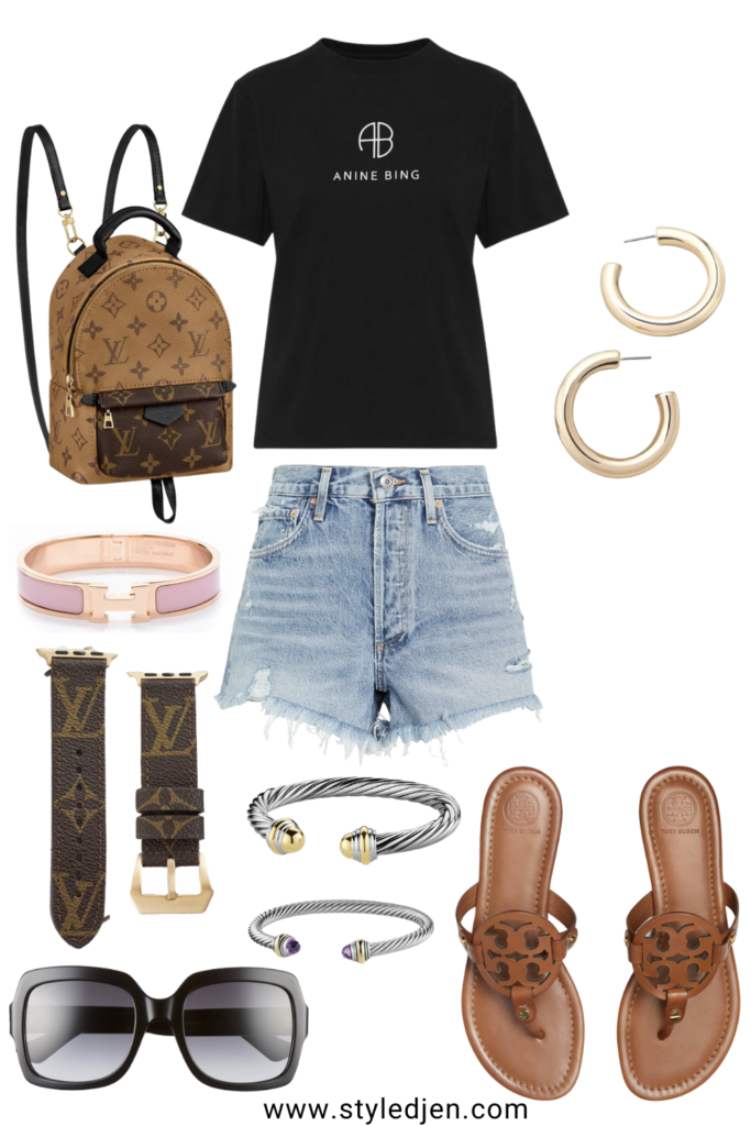 anine bing hudson black monogram tee with gucci sunglasses and louis vuitton palm springs mini