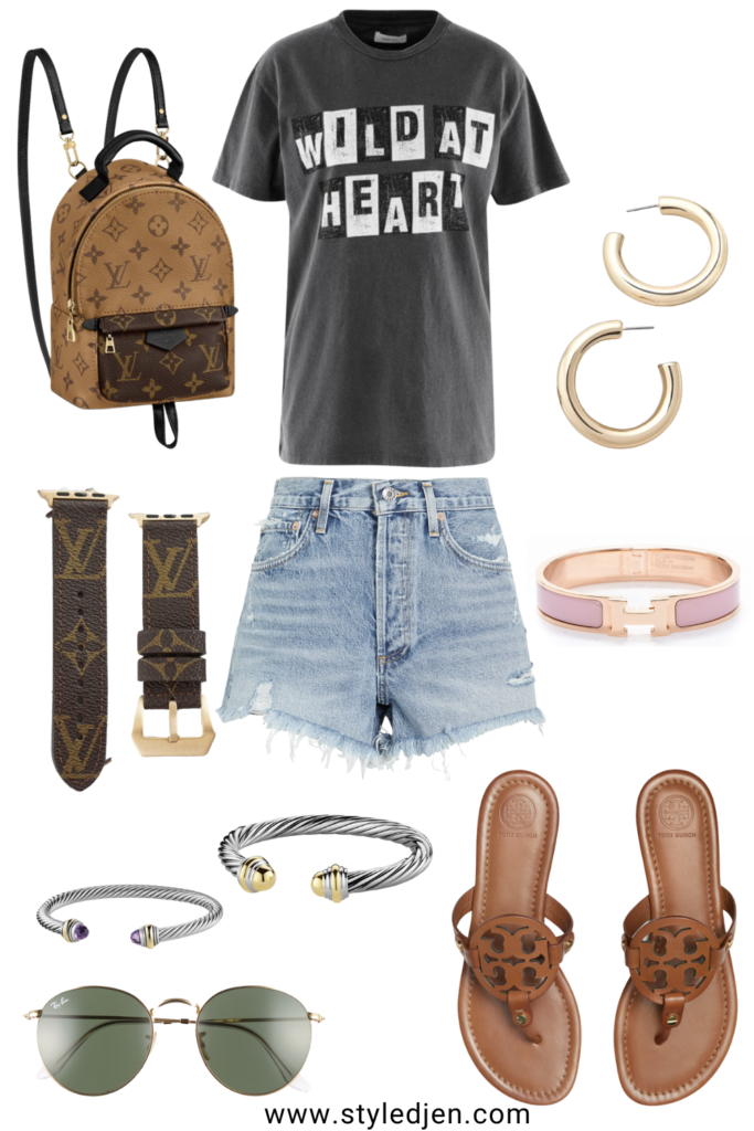anine bing wild at heart tee with rayban sunglasses and louis vuitton palm springs mini
