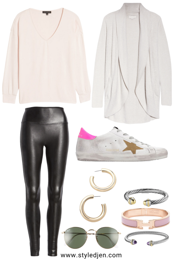 barefoot dreams circle cardigan with faux leather leggings and golden goose sneakers