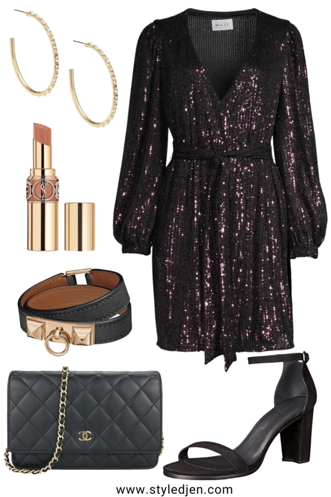 milly siena sequin dress with chanel woc and heels