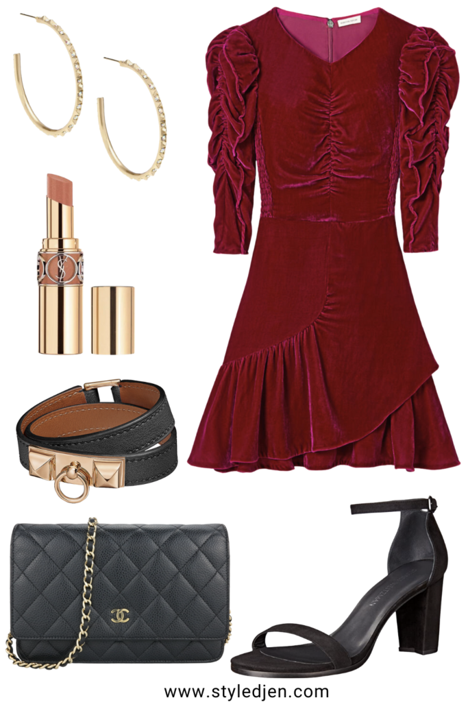 rebecca taylor ruched velvet dress with chanel woc and heels