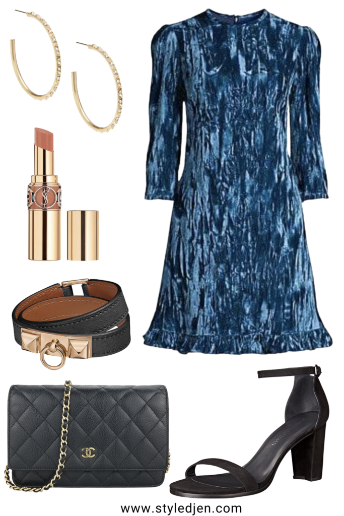shoshanna rula crushed velvet dress with chanel woc and heels