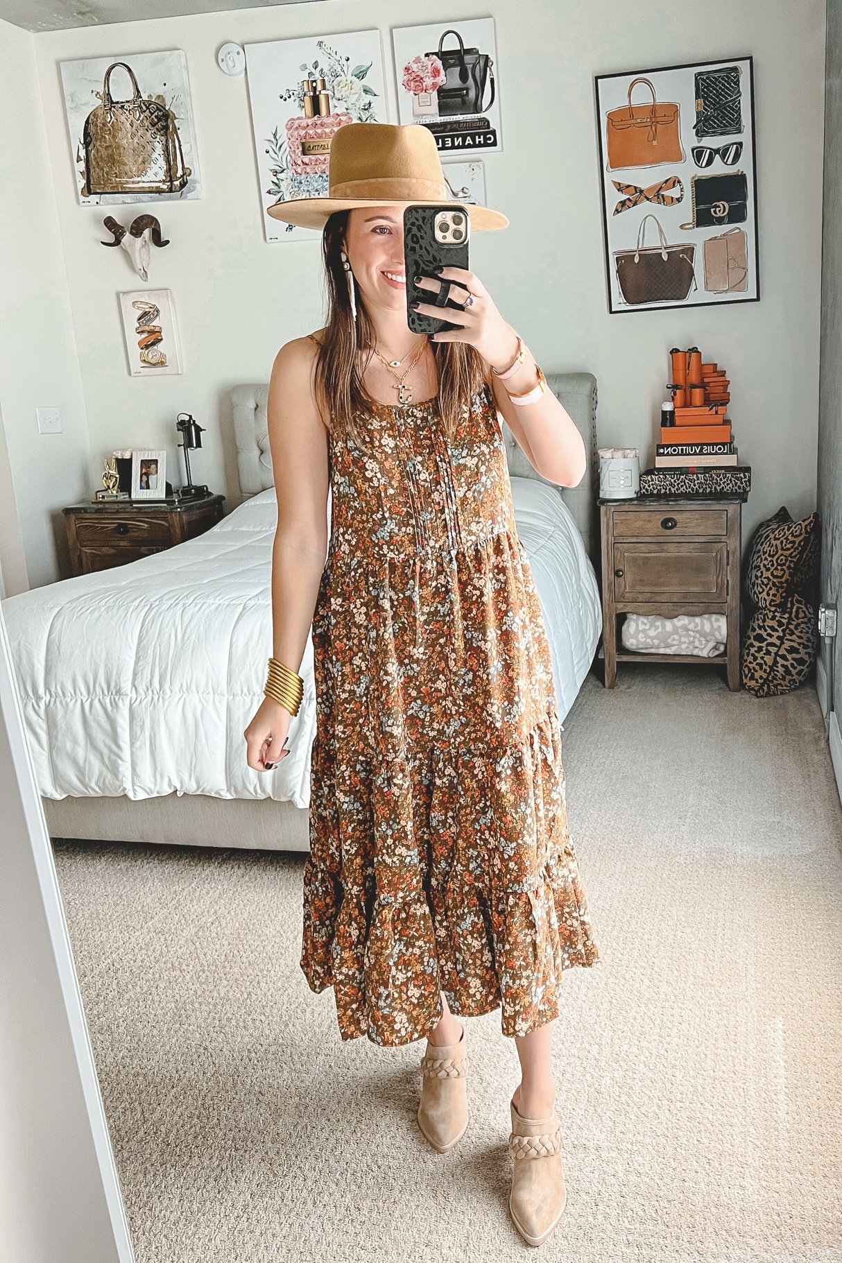 harvest wishes floral maxi dress with lack of color hat and braided mules