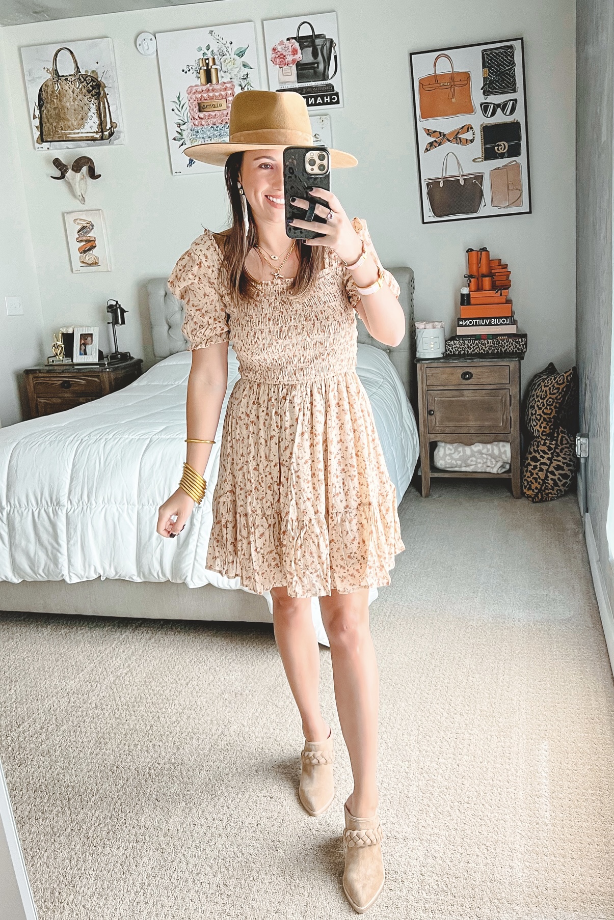 bringing out the smiles floral dress with lack of color hat and braided mules