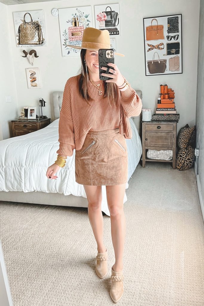 at the office sweater with suede mini skirt and braided mules