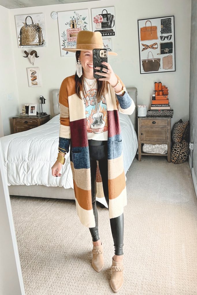 peaceful mornings colorblock cardigan with johnny cash tee and braided mules