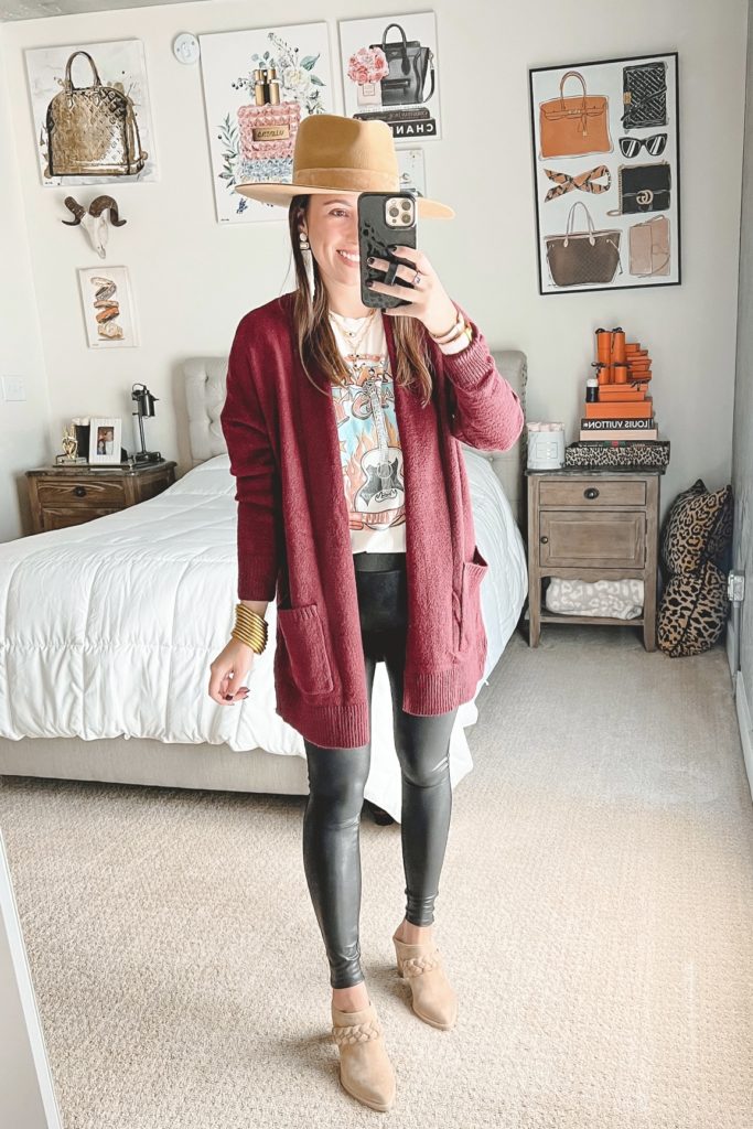 pocket of fun times cardigan with faux leather leggings and braided mules