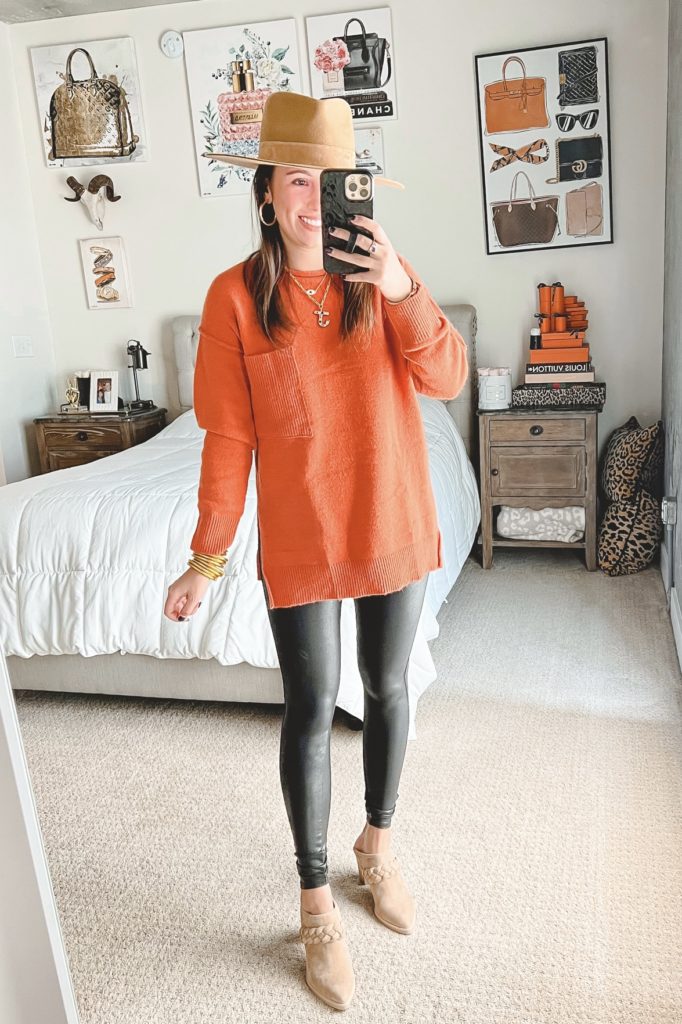 amazon orange sweater with faux leather leggings and braided mules
