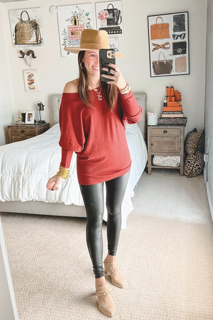 amazon burgundy off the shoulder top with faux leather leggings and braided mules