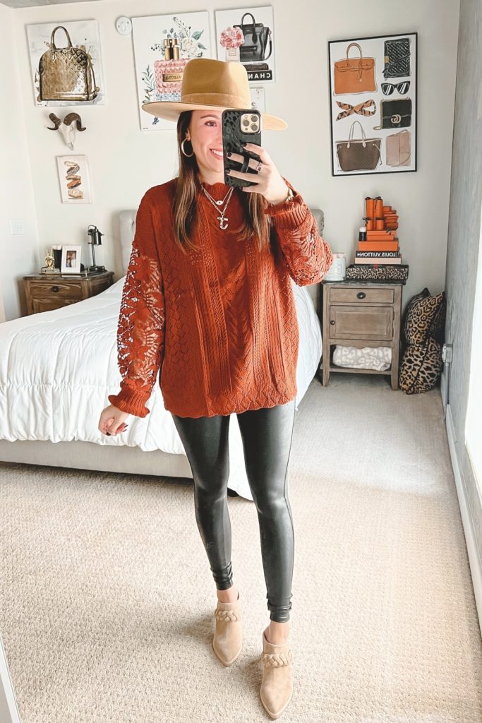 amazon lace sleeve sweater with faux leather leggings and braided mules