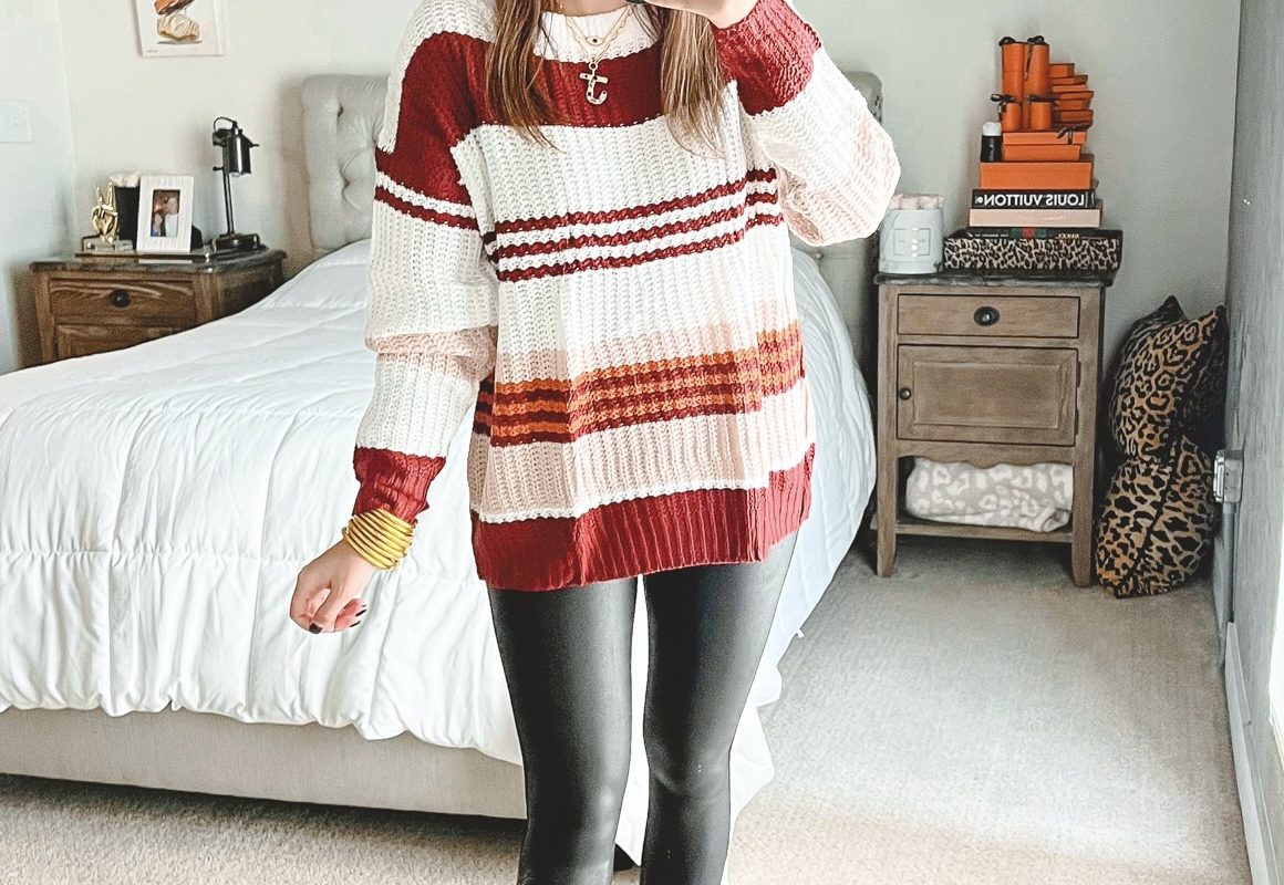 amazon stripe sweater with faux leather leggings and braided mules