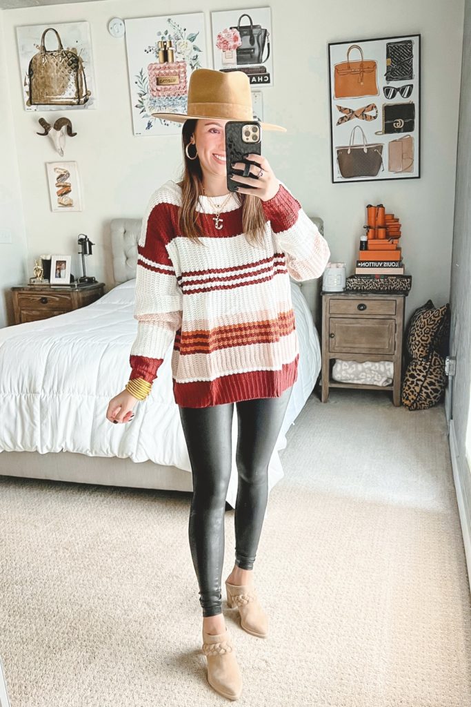 amazon stripe sweater with faux leather leggings and braided mules