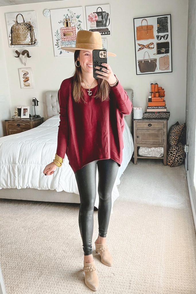 amazon burgundy sweater with faux leather leggings and braided mules