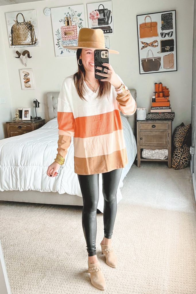 amazon orange stripe sweater with faux leather leggings and braided mules