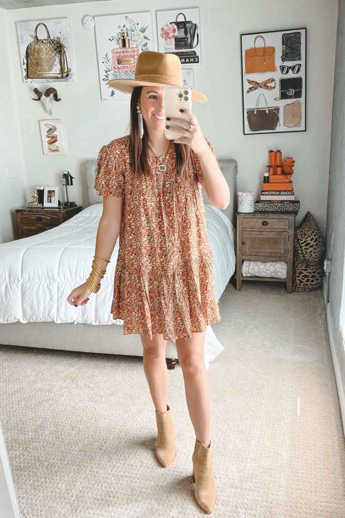 sunny days floral dress with booties and lack of color hat