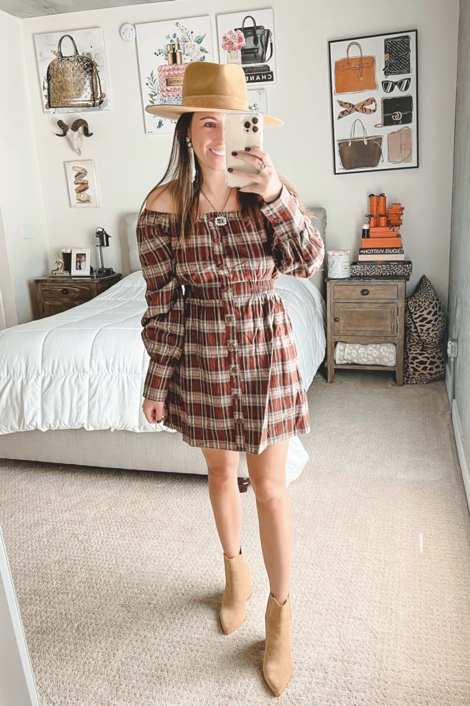 just this once plaid dress with booties and lack of color hat