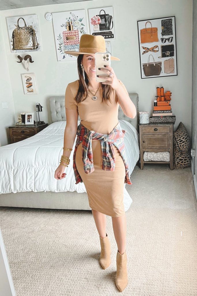 caramel ribbed midi dress with booties and lack of color hat