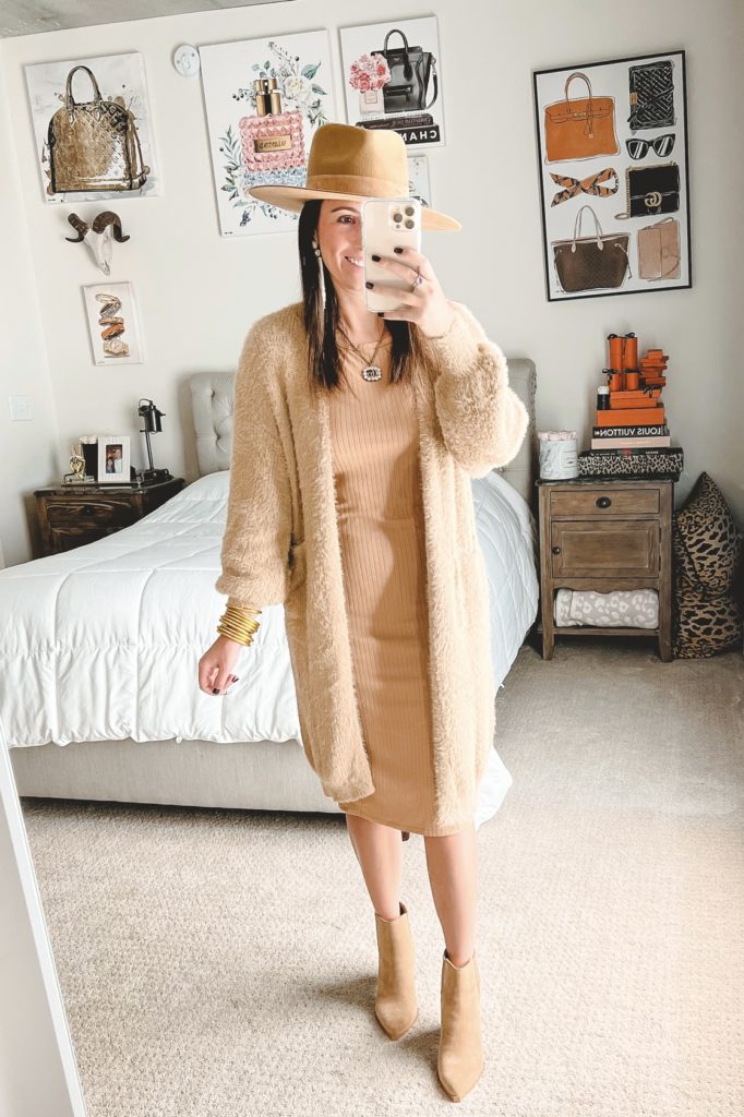 beige eyelash cardigan with caramel ribbed midi dress and booties