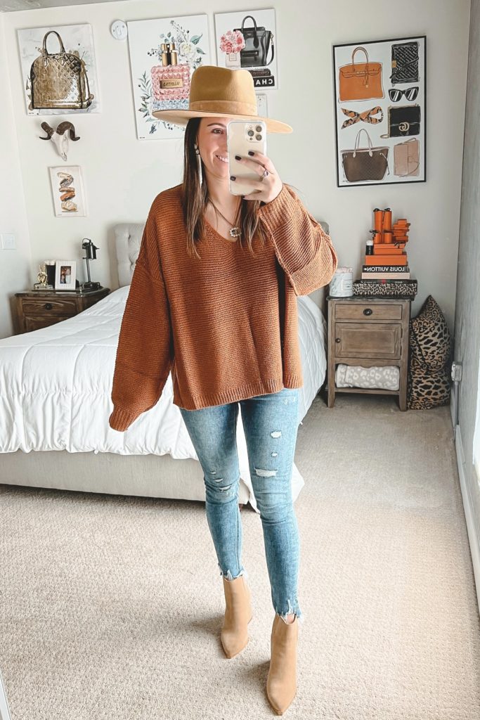 better than you know brown sweater with lack of color hat and booties
