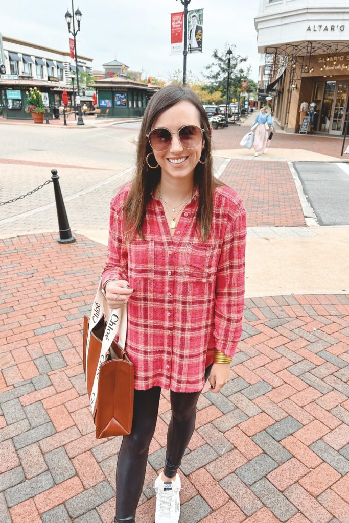 pink plaid flannel with spanx leggings at crocker park