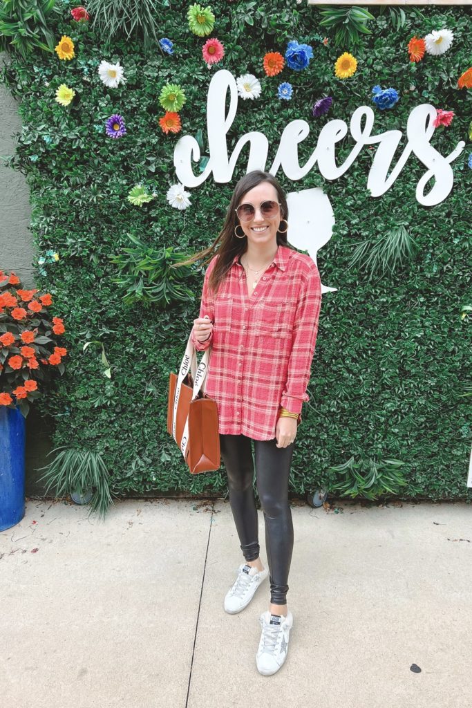 pink plaid flannel with chloe woody tote at crocker park