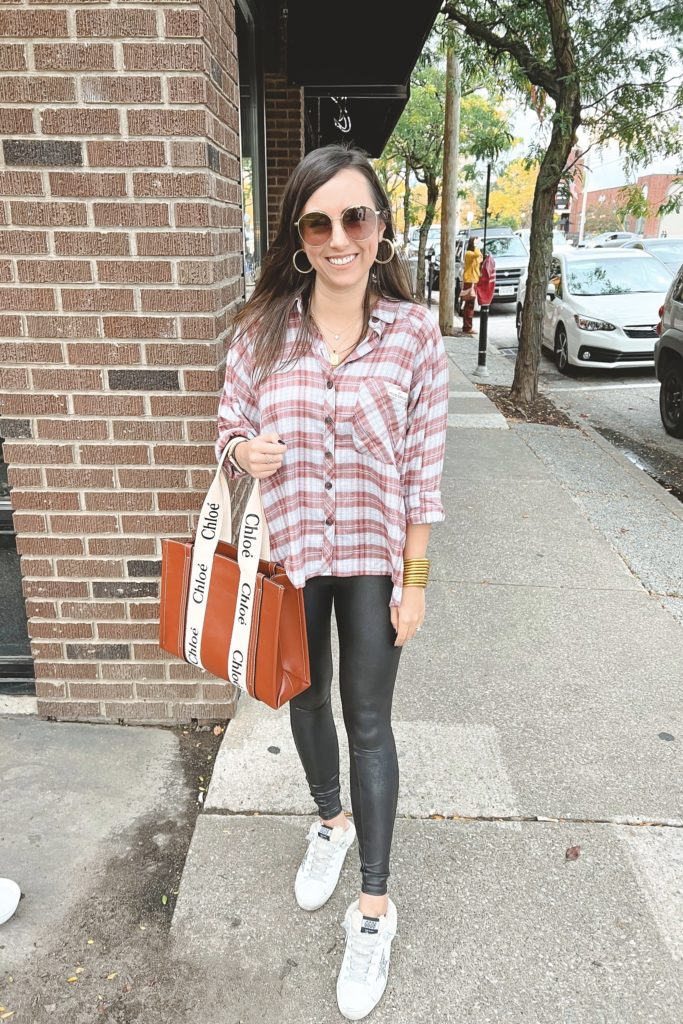 urban outfitters brendan burgundy plaid flannel with chloe woody tote in cleveland