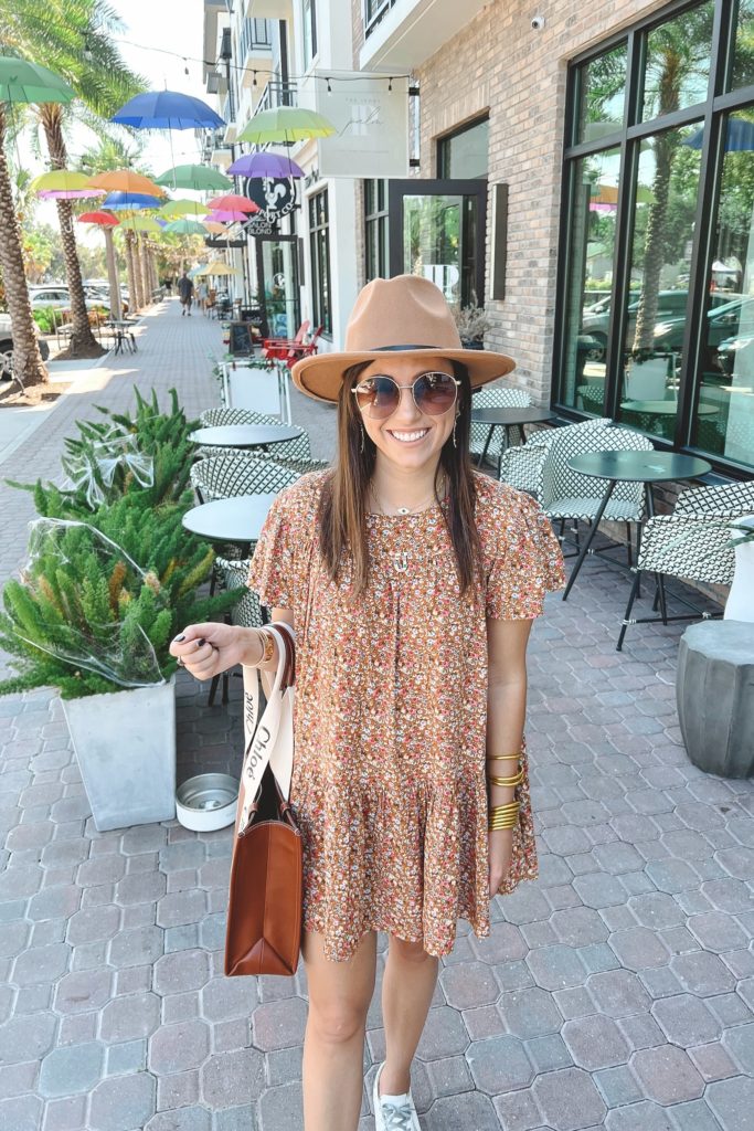 sunny days floral dress with chloe woody tote and hat