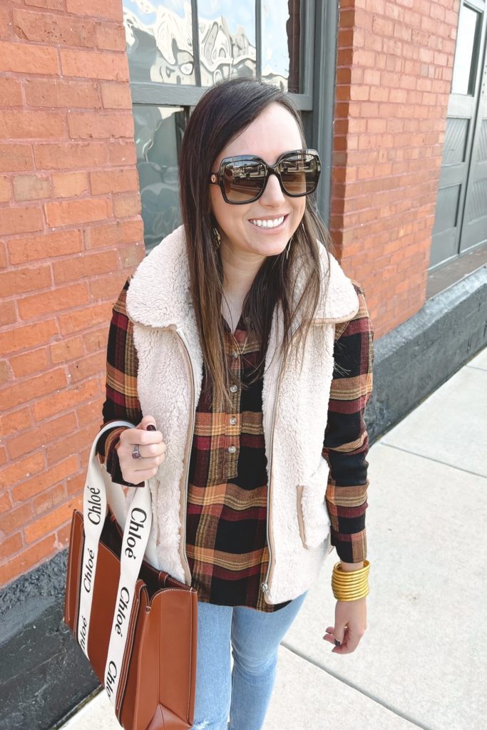 beach lunch lounge plaid top with sherpa vest and chloe woody tote