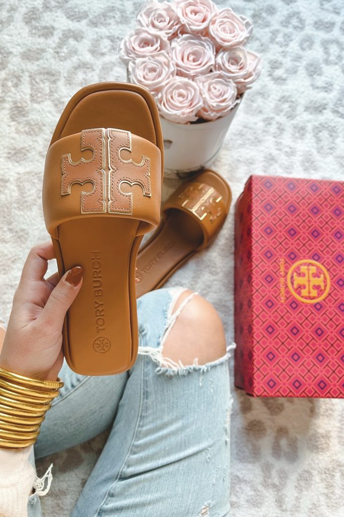 tory burch double t sport slide in cognac